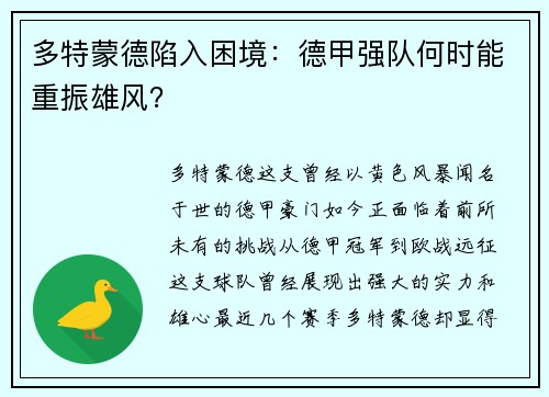 多特蒙德陷入困境：德甲强队何时能重振雄风？